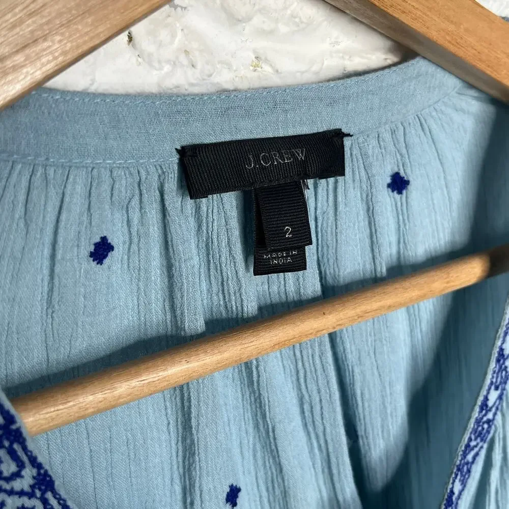 J. Crew Women's Blue Cotton Peasant Boho Tie‎ Blouse Size 2